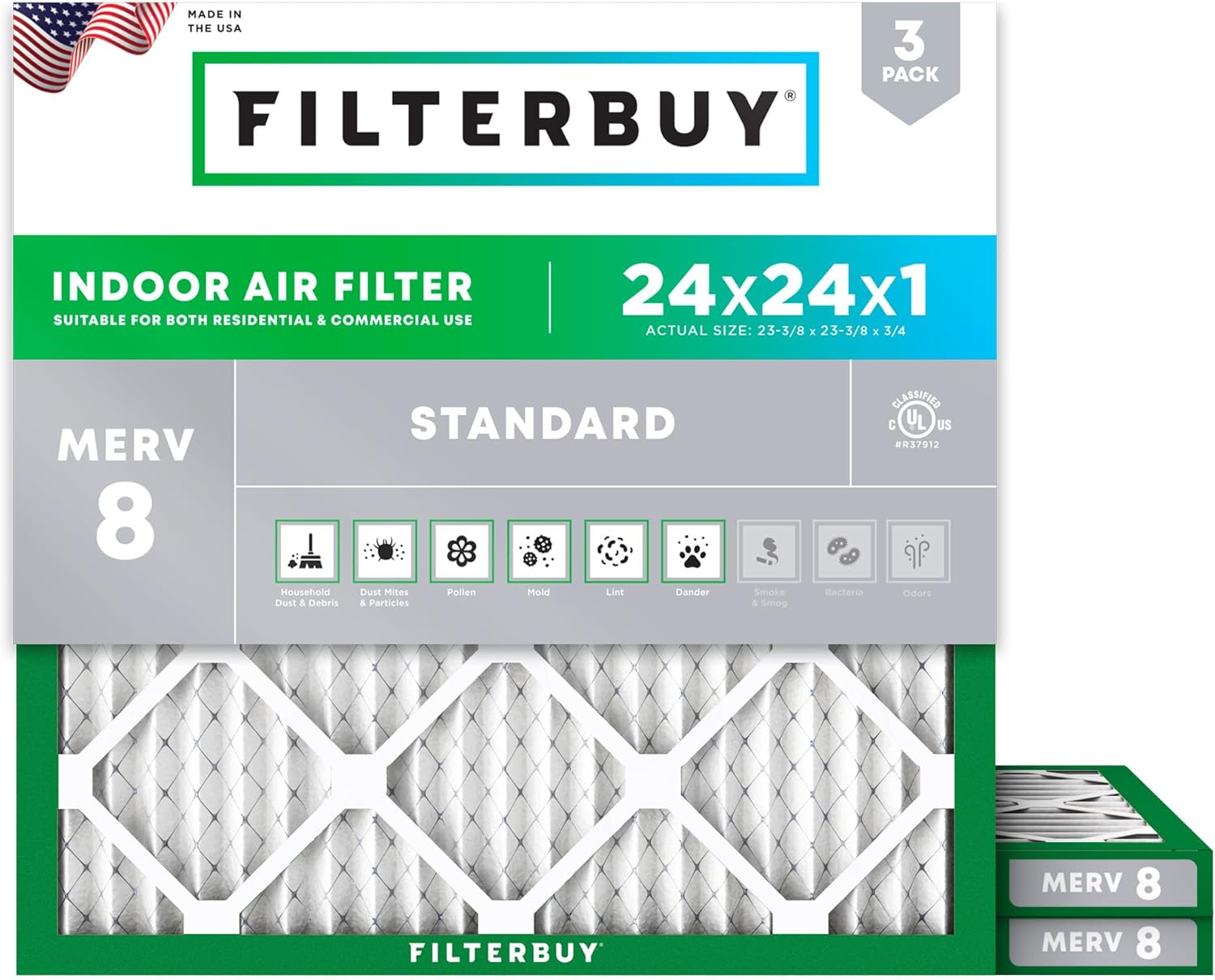 Filterbuy 24x24x1 Air Filter MERV 8 for Dust and Allergies