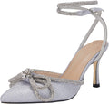 VETASTE Double Bow Crystal Pointed Toe Ankle Strap Pumps - Bridal Glam