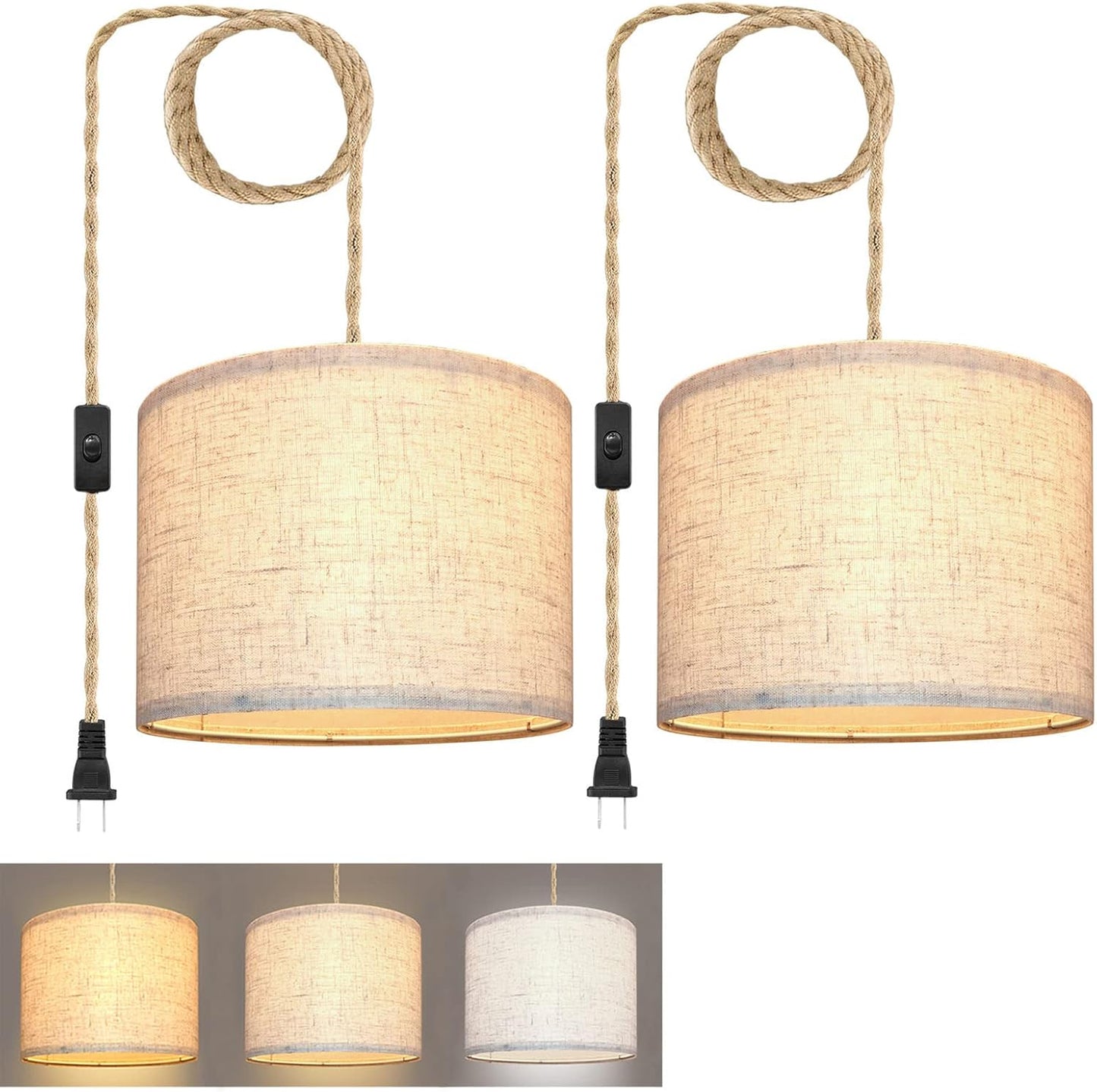 Plug in Pendant Light with Hemp Rope and Beige Linen Shade