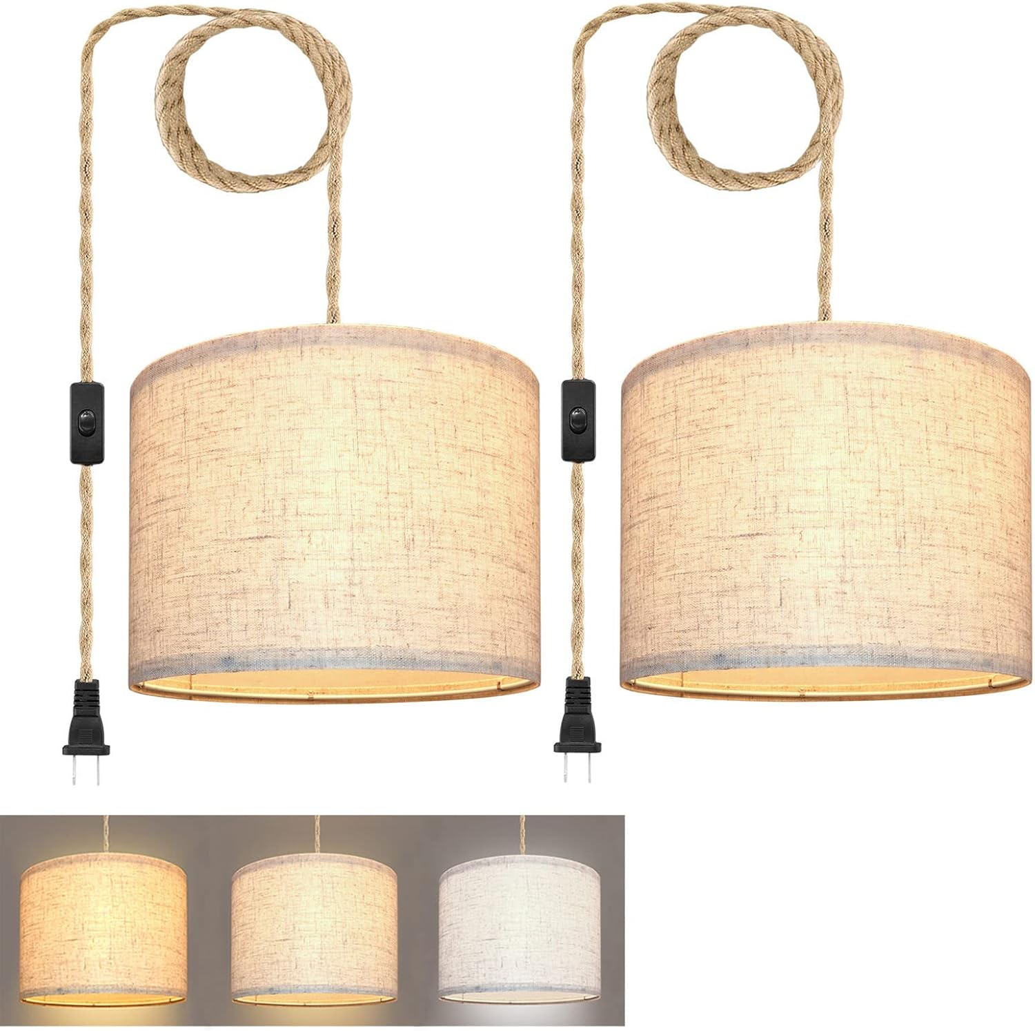 Plug in Pendant Light with Hemp Rope and Beige Linen Shade