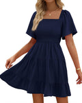 Women's Smocked Mini Dress Square Neck Flutter Sleeve - Pockets