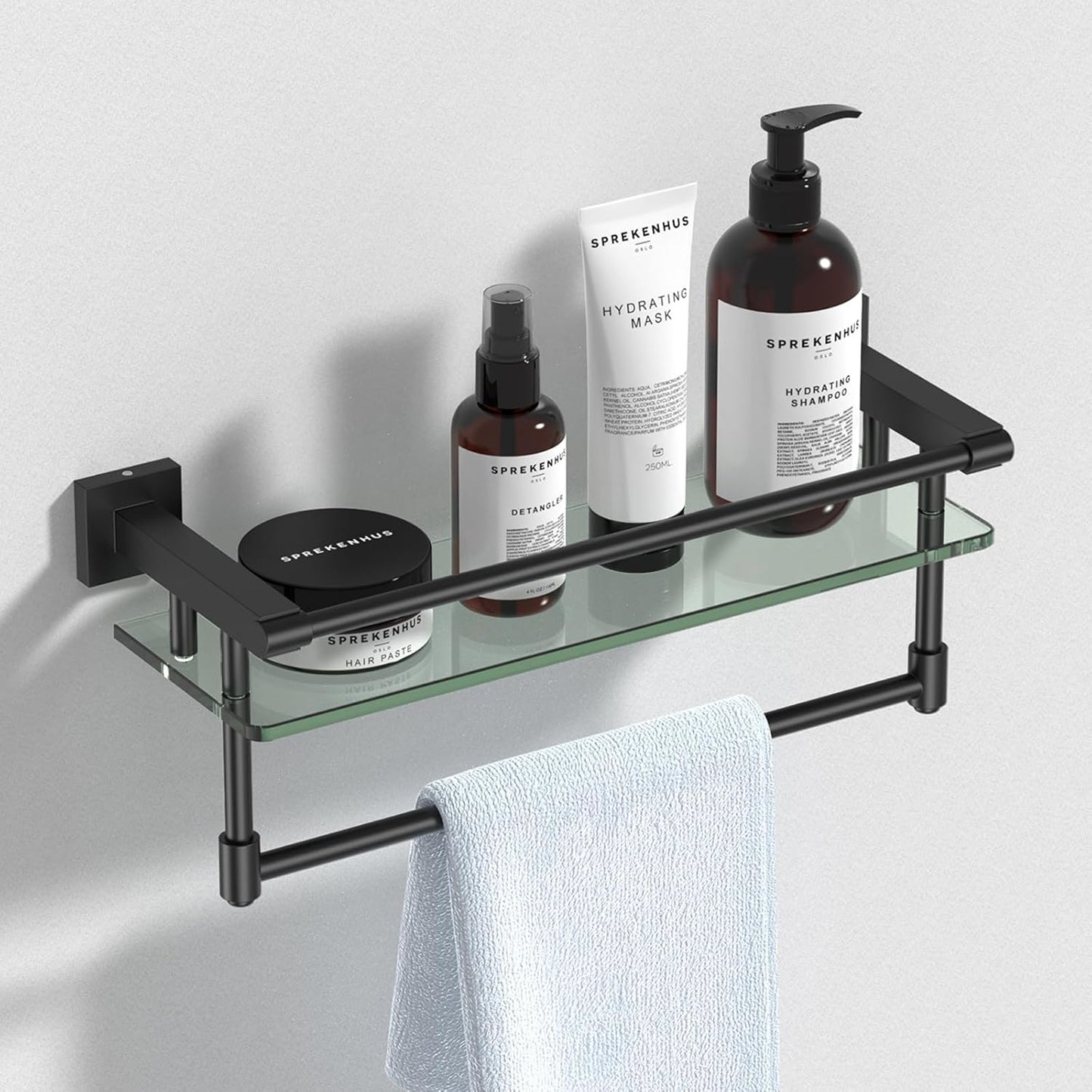 16 Inch Tempered Glass Bathroom Shelf with Towel Bar for Storage