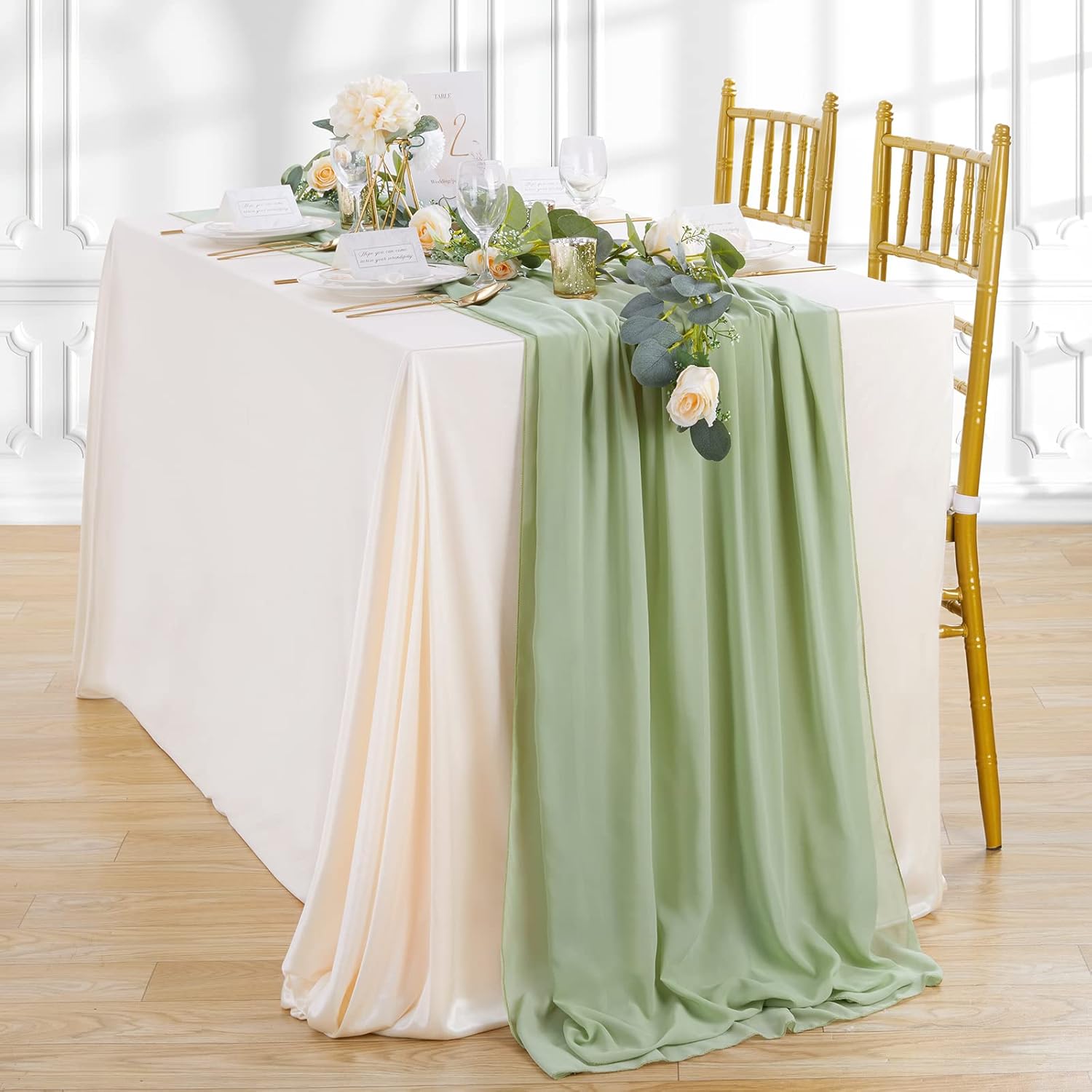 Sage Green Chiffon Table Runner for Elegant Wedding Decor