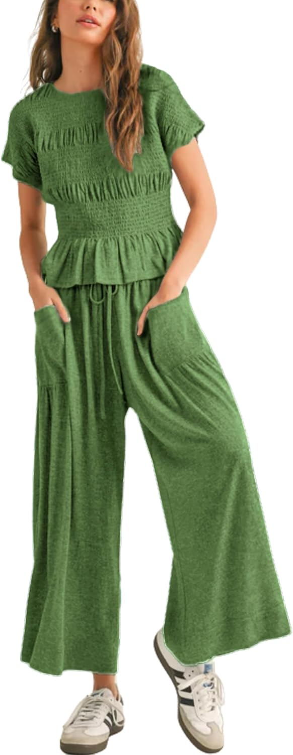 Womens 2 Piece Smocked Top Wide-Leg Pants Set for Casual Style