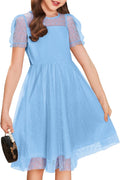Arshiner Girls Contrast Mesh Puffy Sleeve A Line Dress - Pretty Party