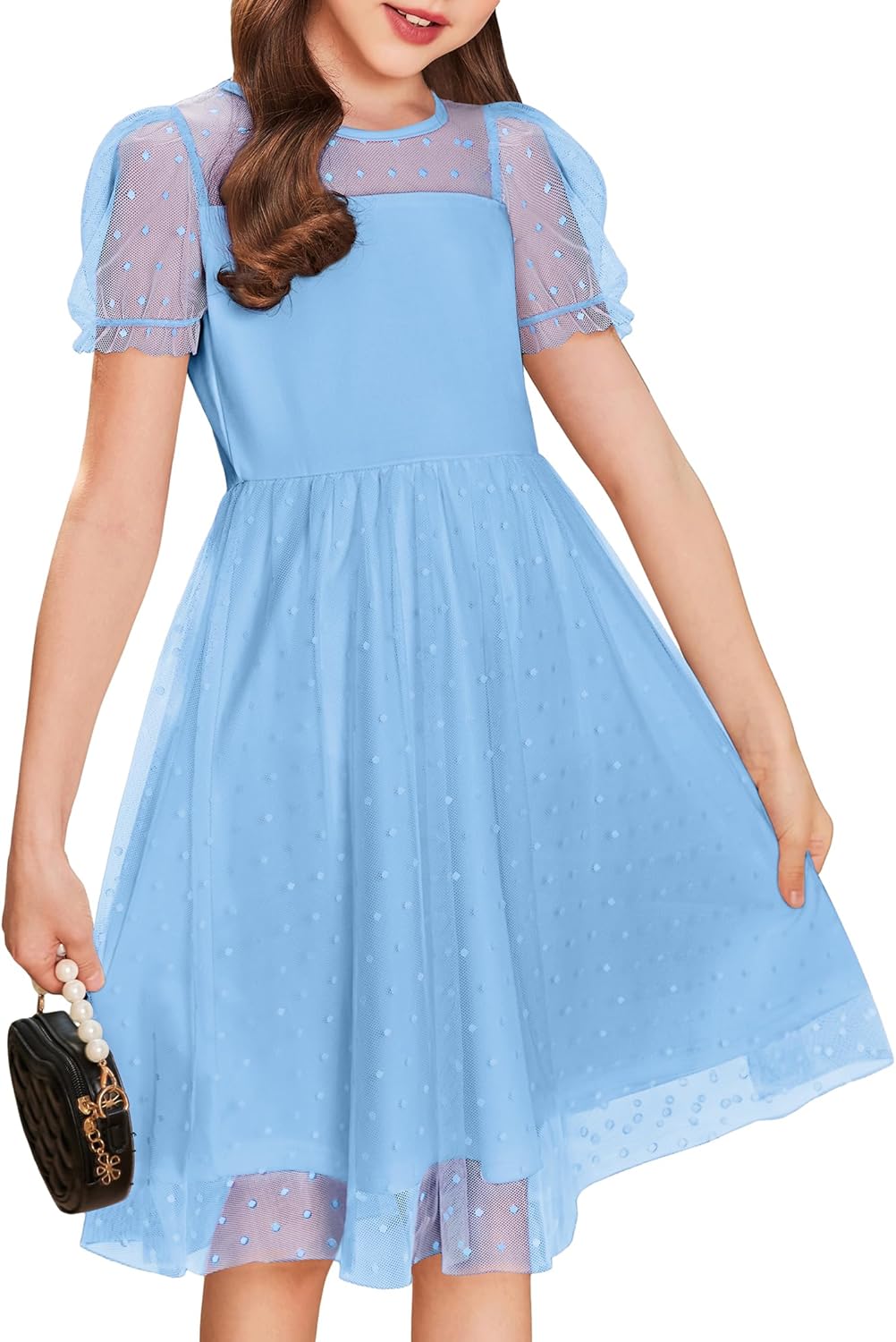 Arshiner Girls Dress Contrast Mesh Puffy Short Sleeve A Line