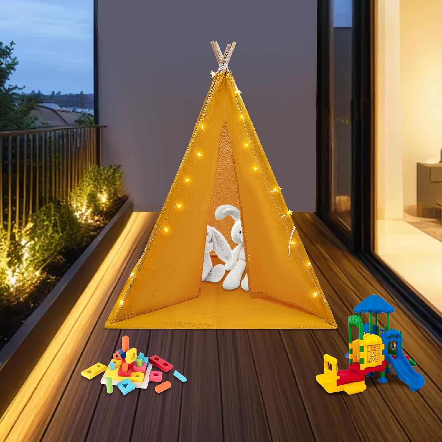 Yellow Kids Teepee Tent with Lights & Mat - LOHISHILO
