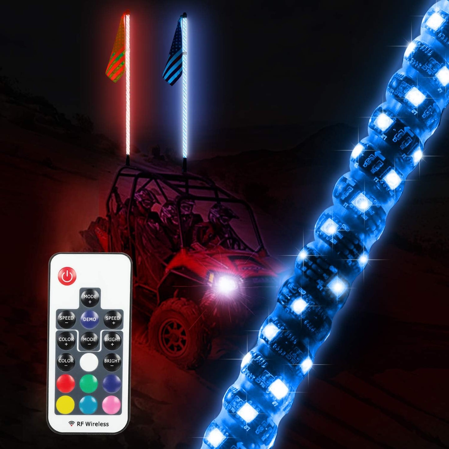 4FT LED Whip Light for UTV - Remote Control 360 Spiral Antenna