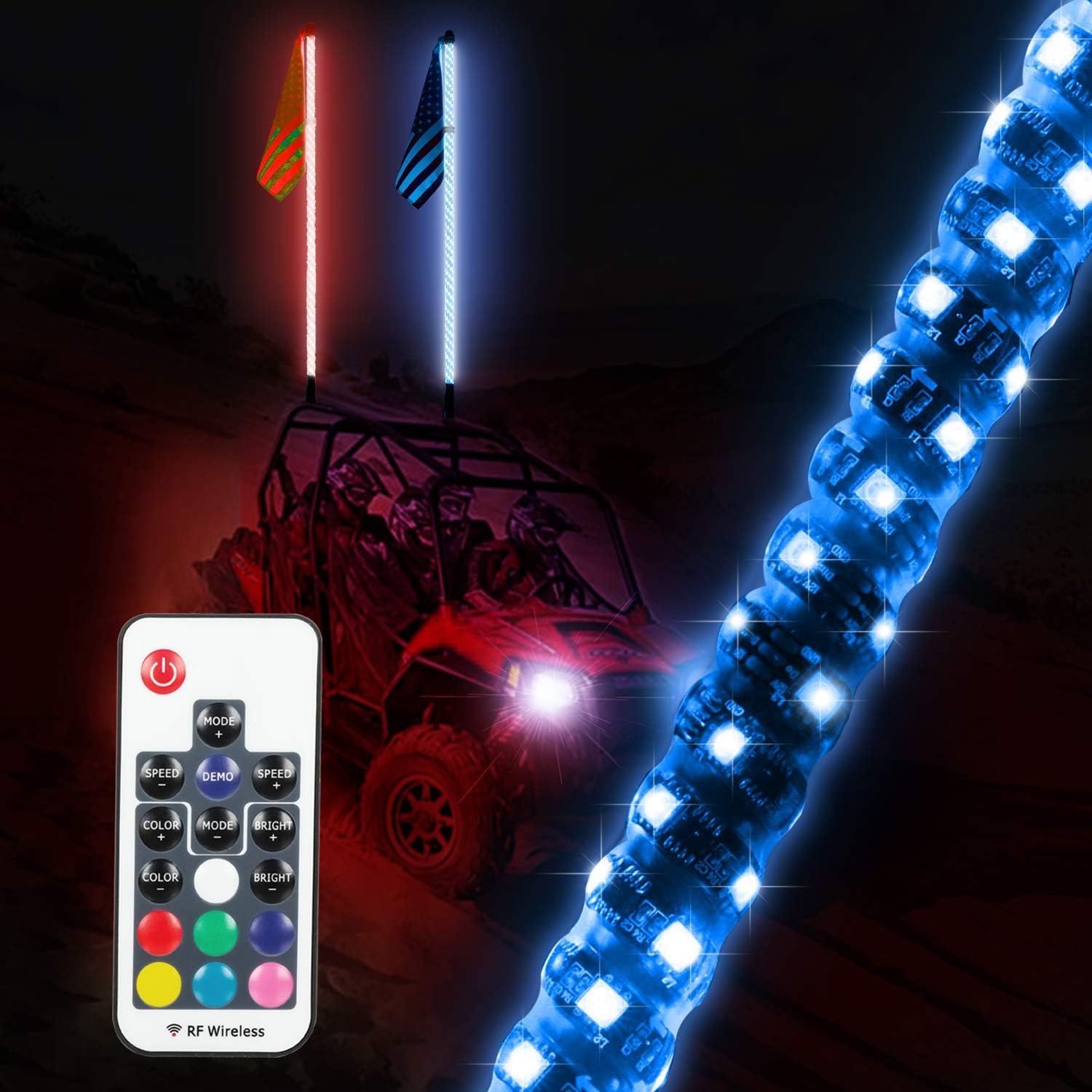 4FT LED Whip Light for UTV - Remote Control 360 Spiral Antenna