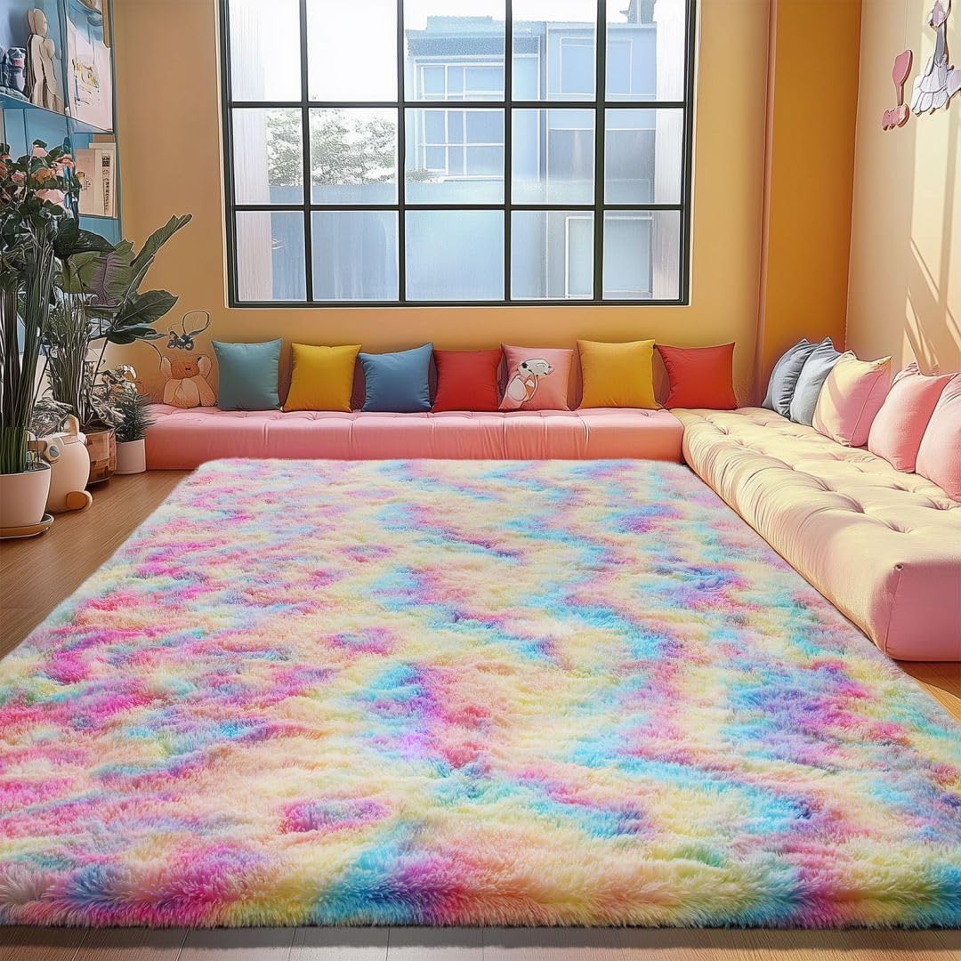 Rainbow Area Rugs for Girls Bedroom - Fluffy Shaggy Carpet