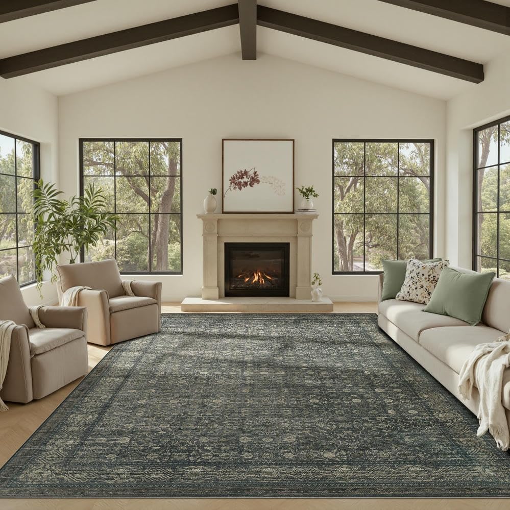 8x10 Washable Area Rug for Living Room, Vintage Floral Design