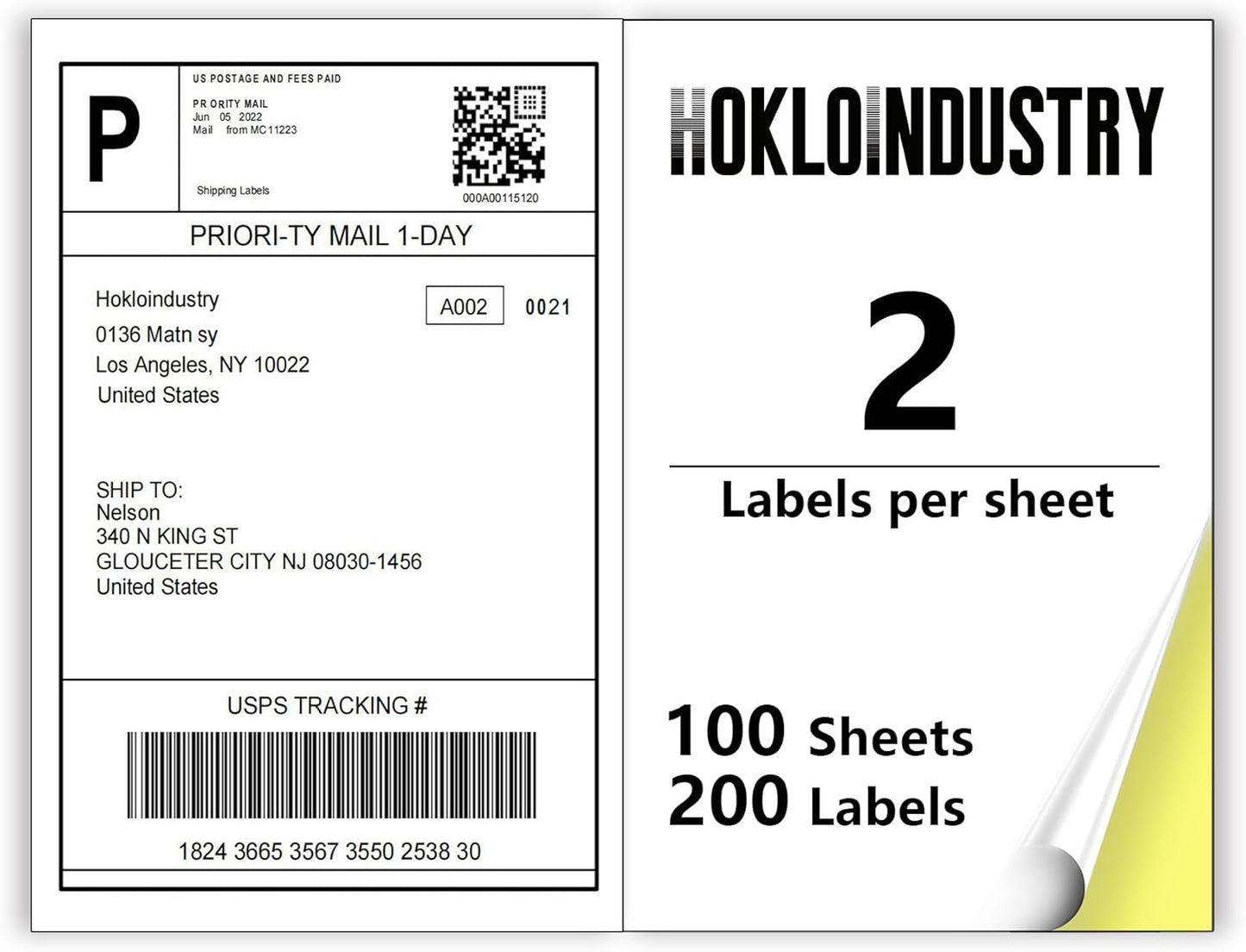100 Sheets: 200 Labels, 8.5x5.5 Shipping Labels for Laser/Inkjet, Permanent Adhesive