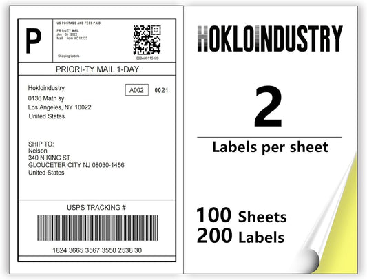 100 Sheets: 200 Labels, 8.5x5.5 Shipping Labels for Laser/Inkjet, Permanent Adhesive
