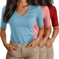 Ficerd 3 Pack Women's Half Sleeve V Neck T Shirts - Slim Fit Casual be