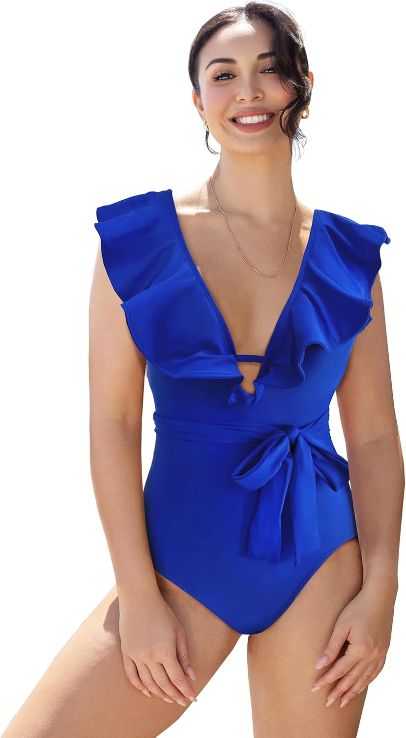 SPORLIKE Women One Piece Swimsuit V-Neck Ruffle Bathing Suit