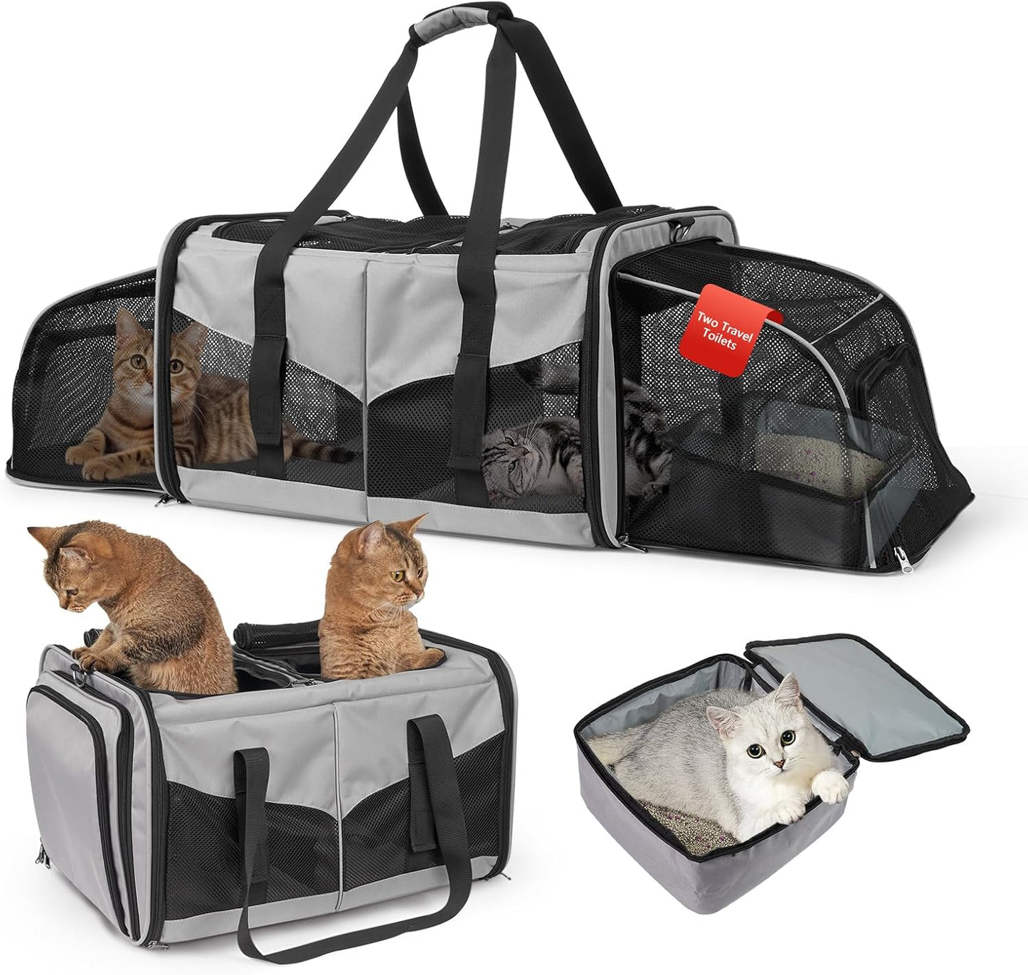 Cat Travel Carrier with Litter Boxes for 2 Cats - Expandable Design