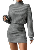 Women's Pullover Sweater Dress Ribbed Knit Mini - Slimming Fall Look