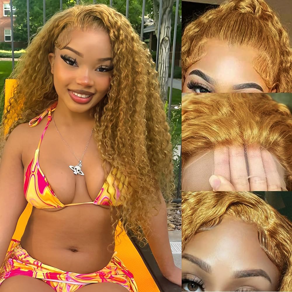 Honey Blonde Wig Human Hair Deep Wave Lace Front Wig 20in