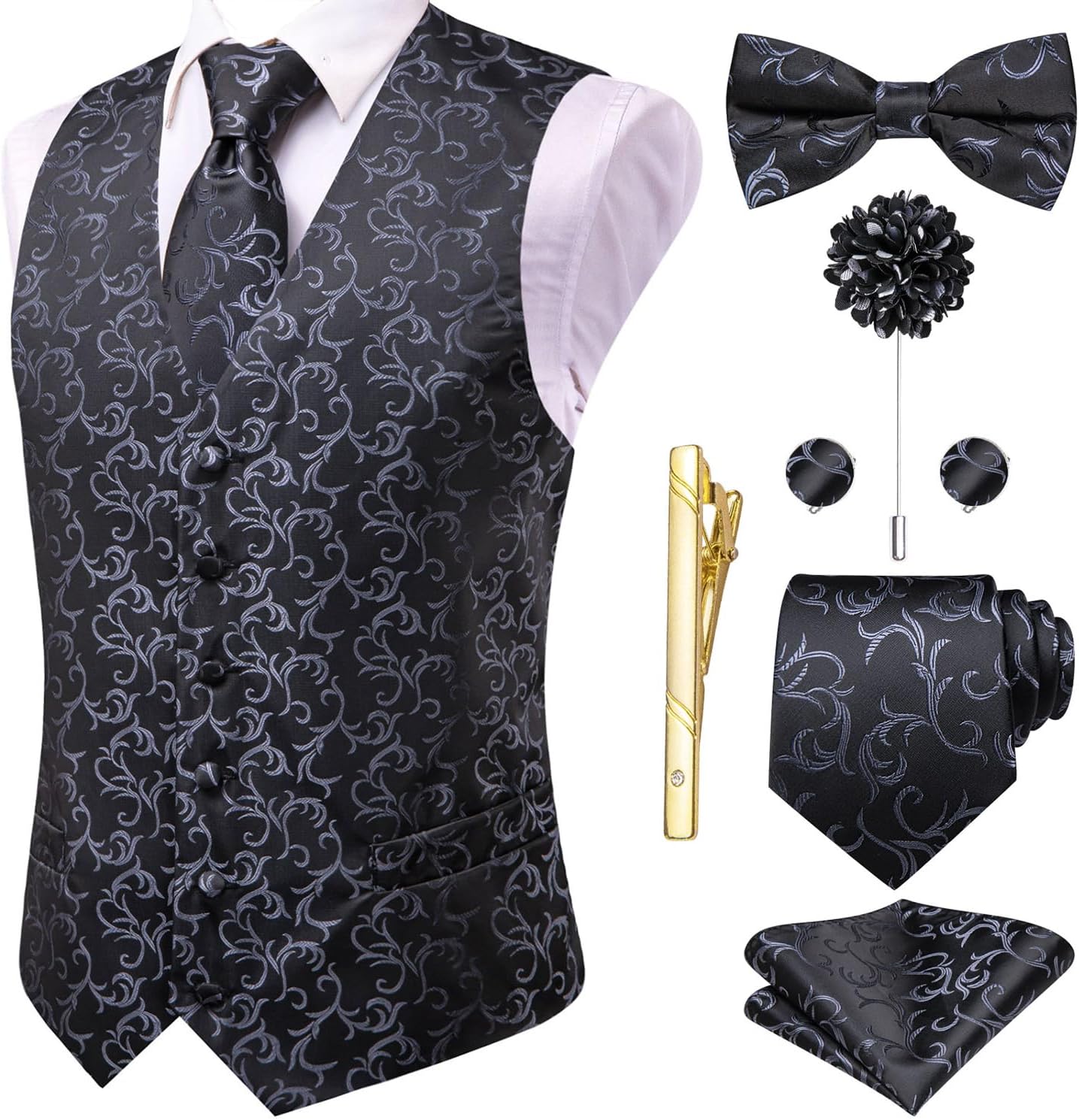 Hi-Tie Silk Mens Suit Vest Set with Tie, Bowtie, and Accessories