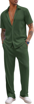 COOFANDY Men's 2 Piece Casual Short Sleeve Button Down Set - Beach are