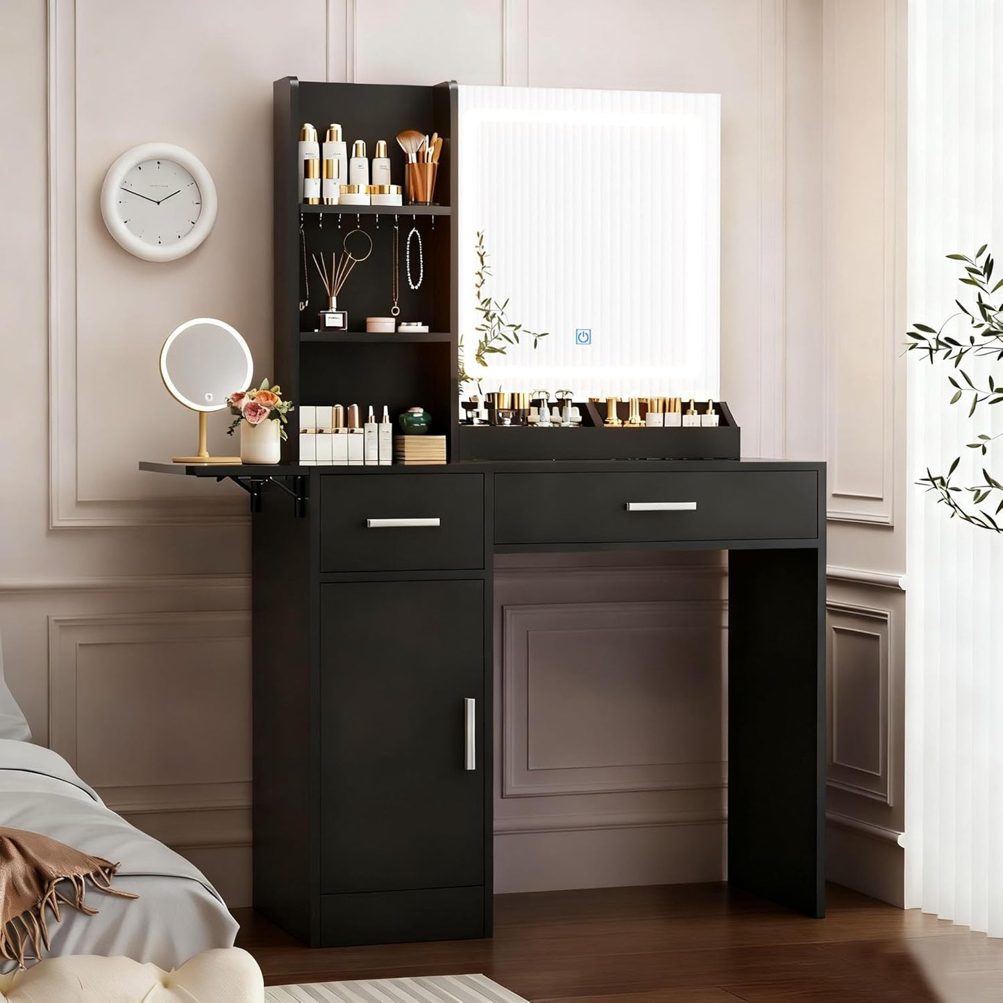 Vanity Desk with Mirror and Lights for Makeup and Organization