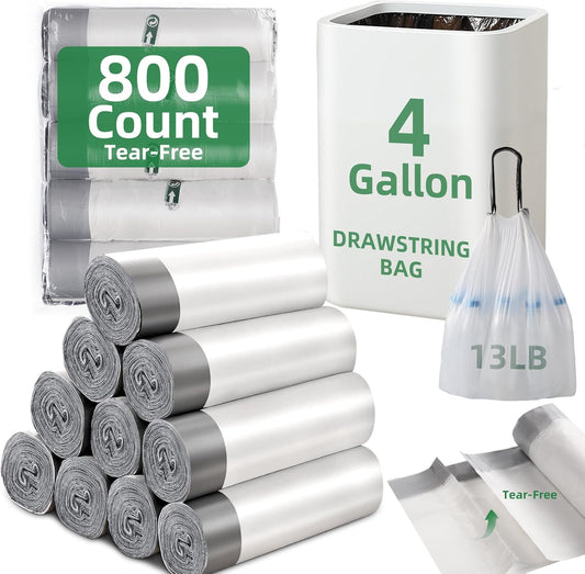 800 Counts 4 Gallon Trash Bags - Strong Drawstring Garbage Bags