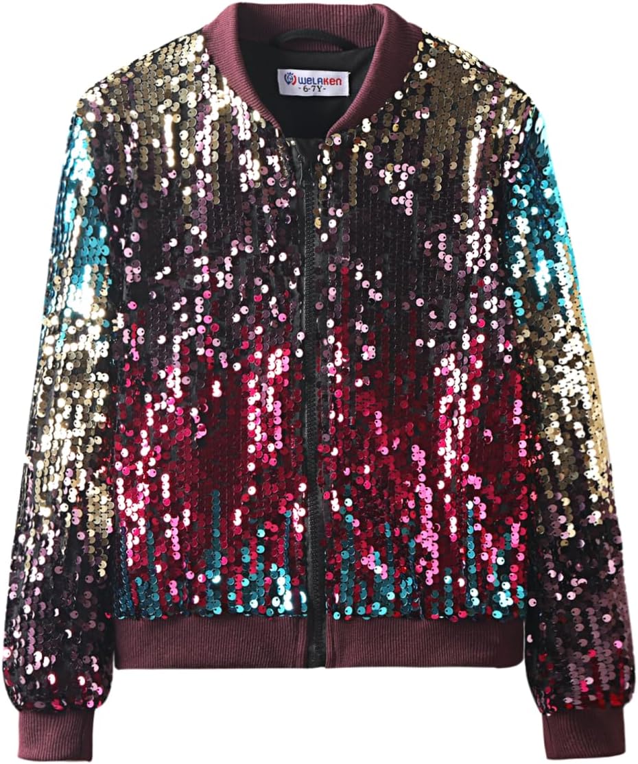 Girls' Ombre Sequin Bomber Jacket with Pockets for Kids