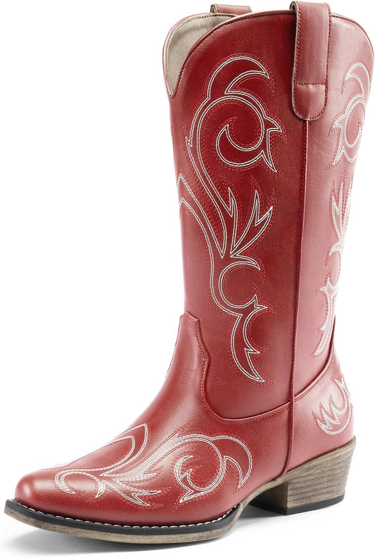 DREAM PAIRS Women's Cowboy Boots with Square Toe and Chunky Heel