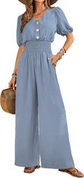 Womens Jumpsuits Short Sleeve V Neck Wide Leg Romper - Summer One