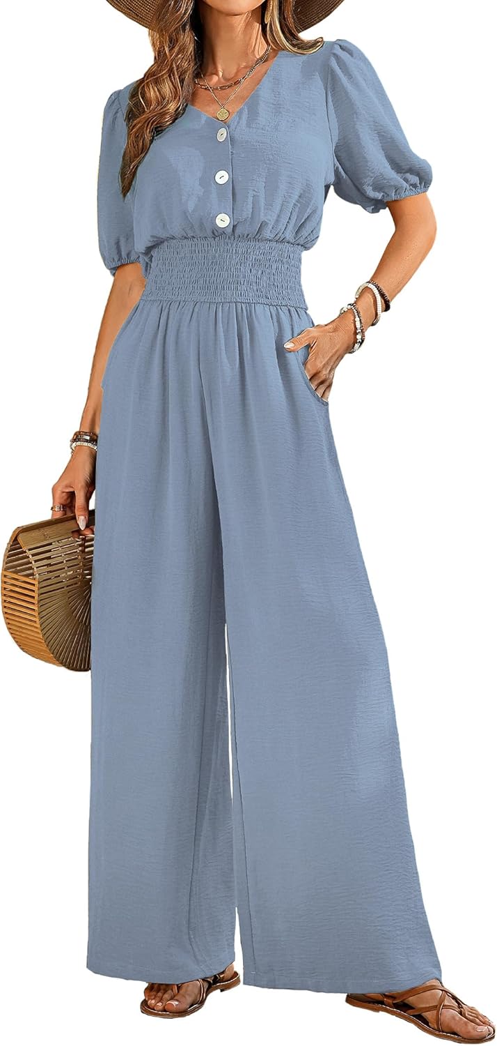 Womens Jumpsuits Short Sleeve V Neck Dressy Casual Wide Leg Pants