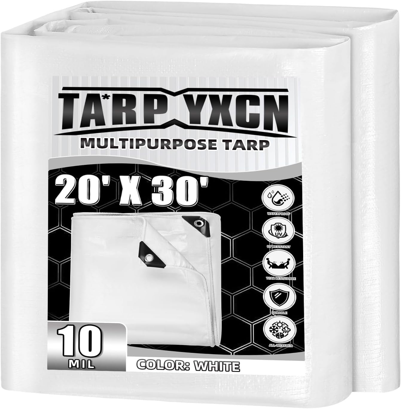Durable 20x30 Feet White Tarp, 10 Mil Waterproof Cover