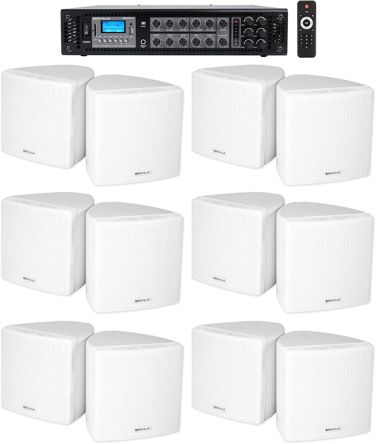 Rockville 6-Zone Bluetooth Amp + 12 Restaurant Speakers