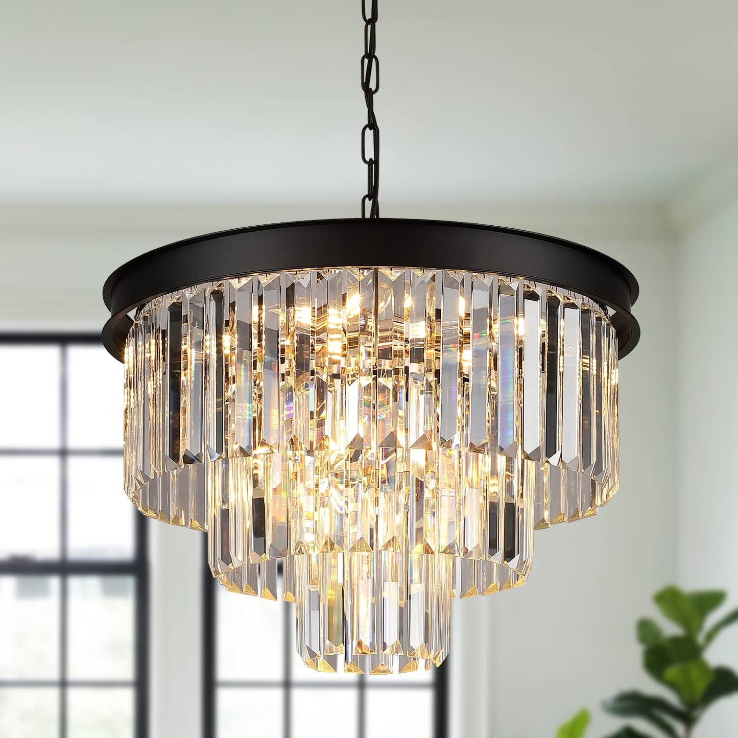 Black Crystal Chandeliers Modern Round 3-Tier Dimmable Light