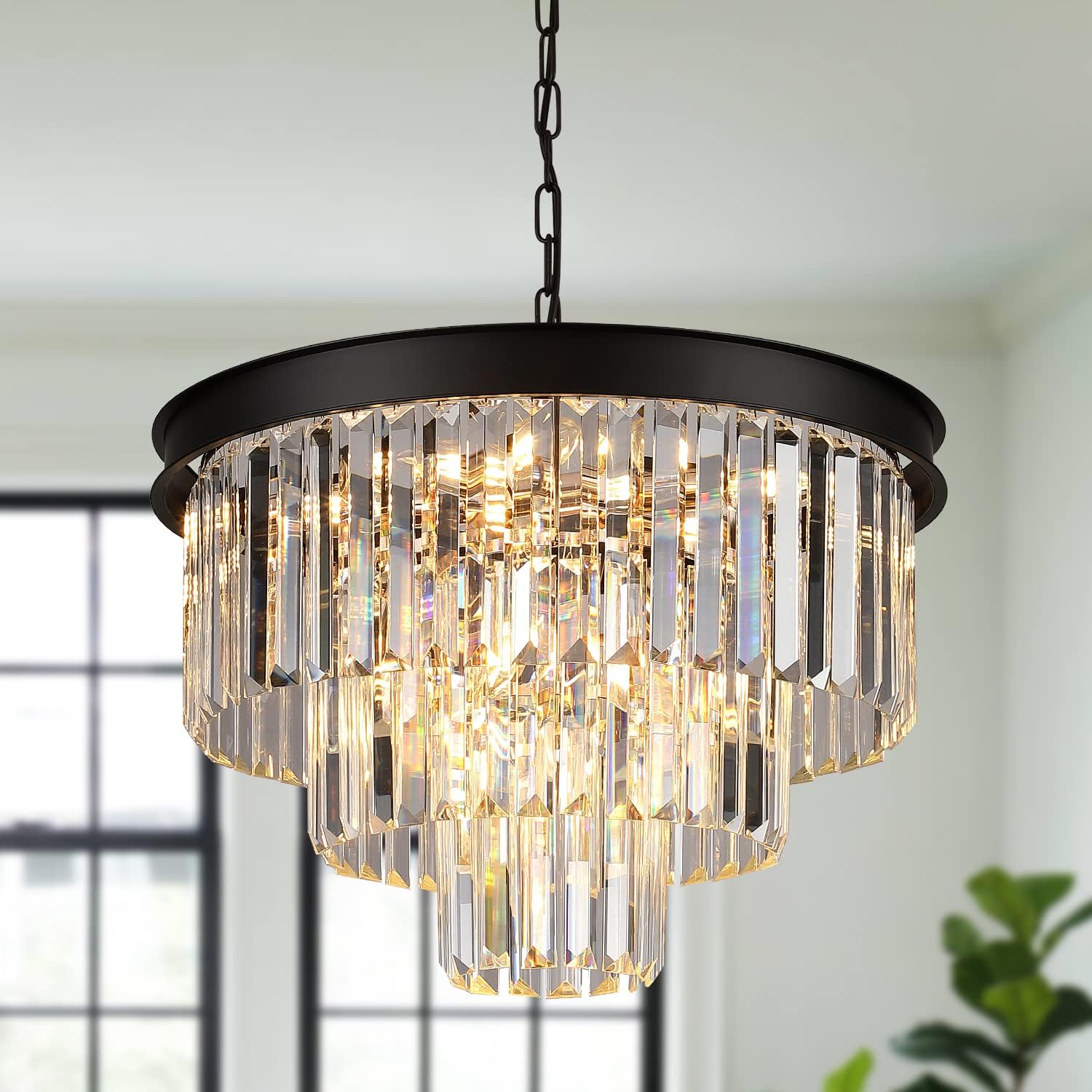 Black Crystal Chandeliers Modern Round 3-Tier Dimmable Light
