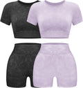 Womens Acid Wash Workout Set - Seamless 2-Piece Shorts & Crop Top
