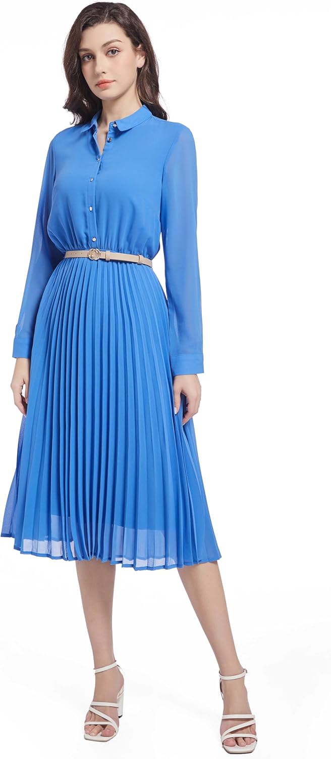 Business Casual Shirt Dress for Women with Pleated Midi Design
