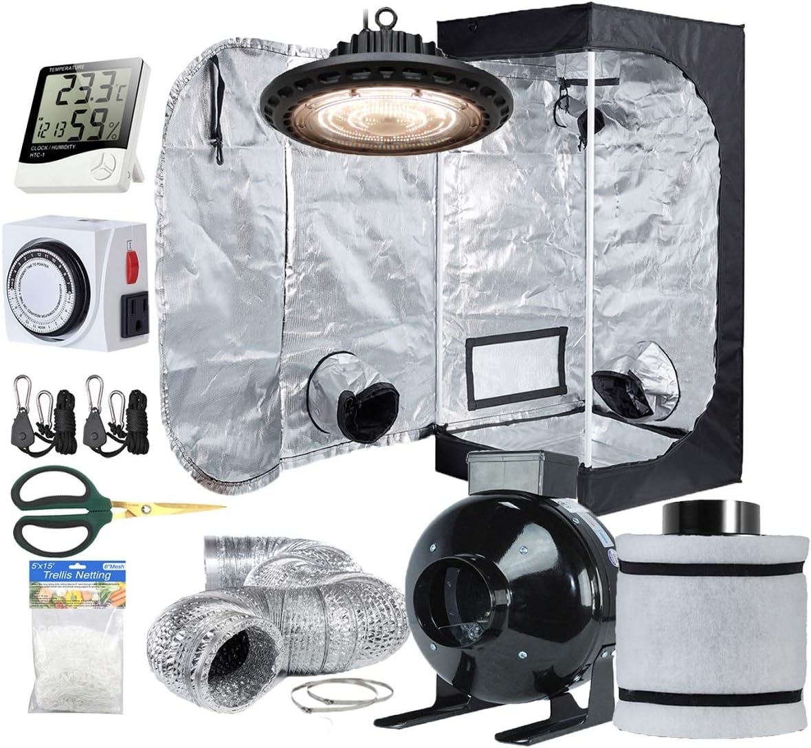Indoor Grow Tent Kit - Full Spectrum Light, Fan Filter, Timer