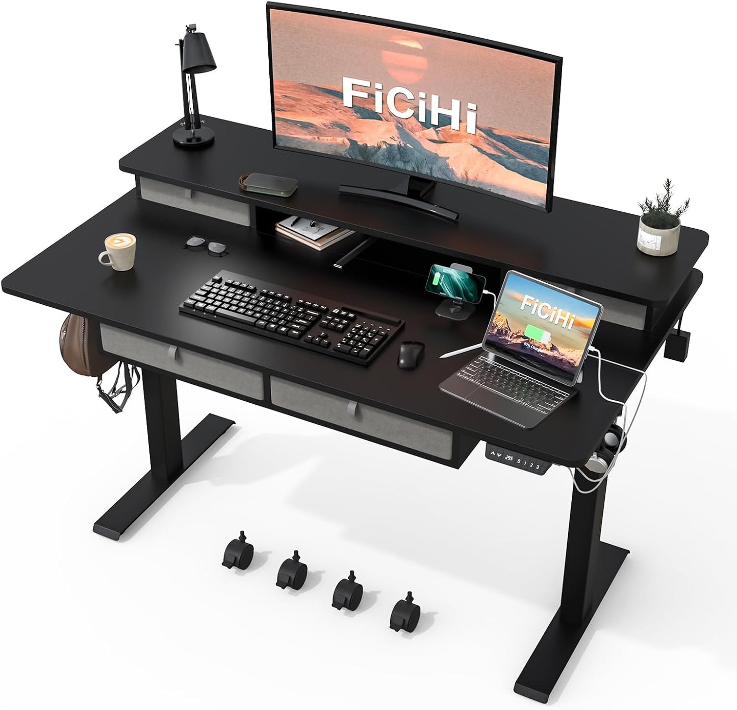 Electric Standing Desk: Height Adjustable, 4 Drawers, Wheels, 3 Memory Presets