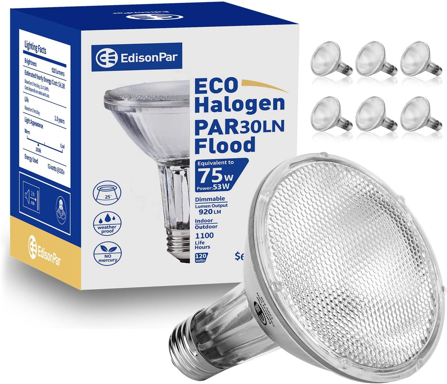 PAR30 Long Neck ECO Halogen Bulb 6 Pack for Dimmable Lighting
