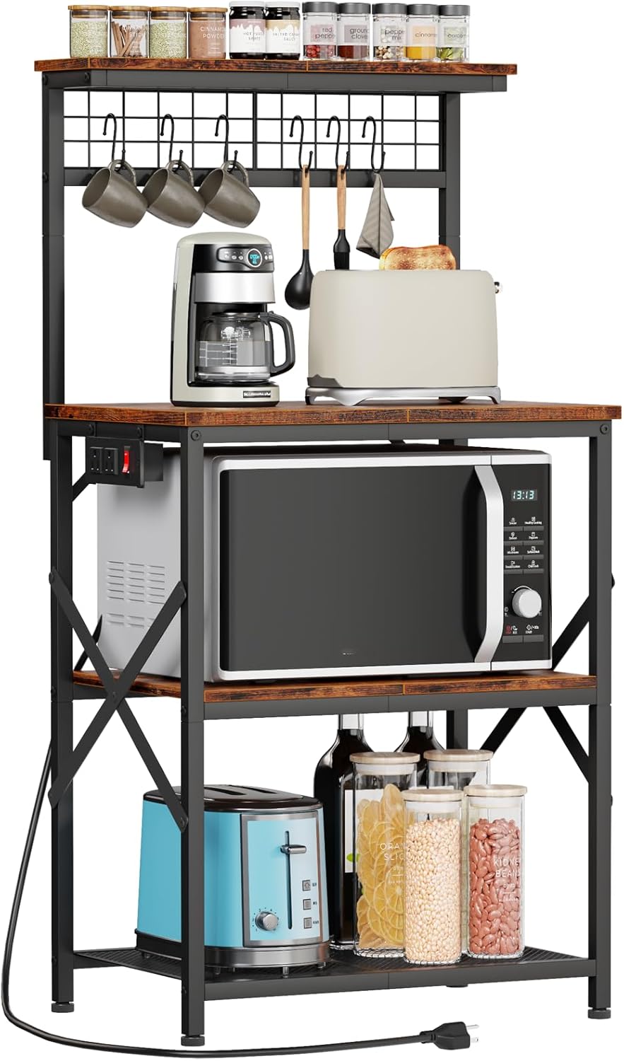 Furologee Rustic Kitchen Baker's Rack- Power Outlet, Storage, & Style!