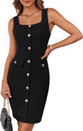Women's Buttons Belted Square Neck Business Work Midi Dress - Sleek