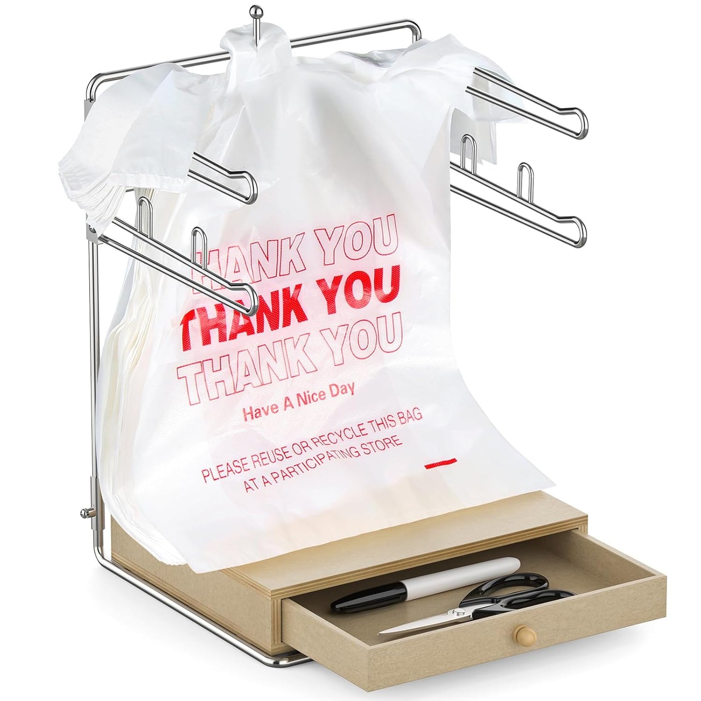 Plastic Grocery Bag Holder with Chrome Frame and Wooden Base