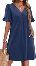 OFEEFAN Women Summer Ruffle V Neck Shift Dress with Pockets