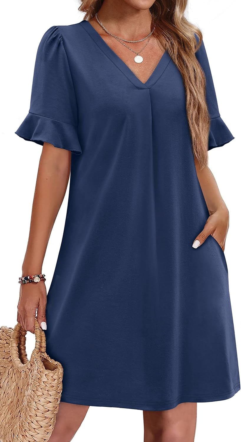 OFEEFAN Summer Dresses for Women with Ruffle Sleeves and Pockets