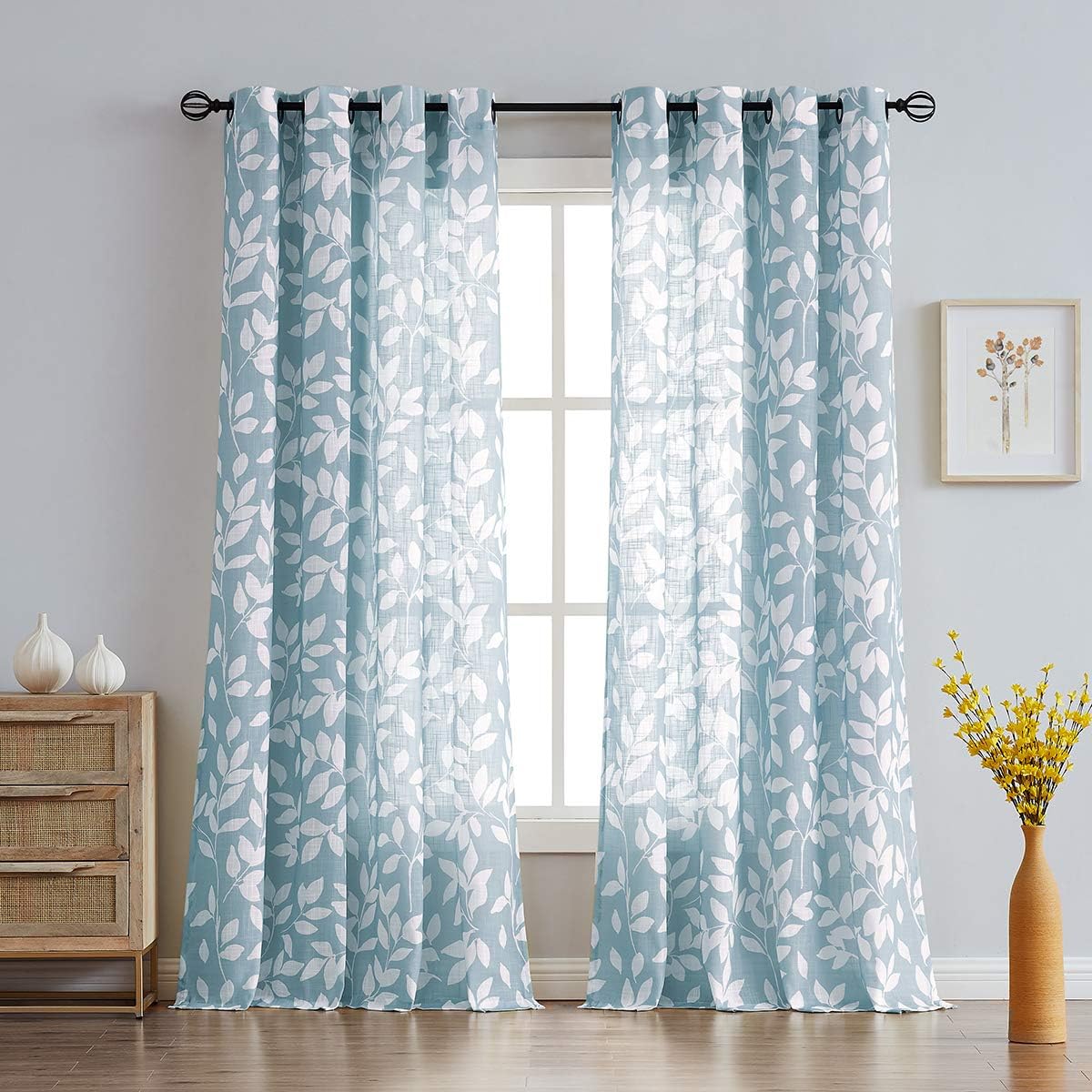 Treatmentex Blue Semi-Sheer Leaf Print Curtains for Home Decor