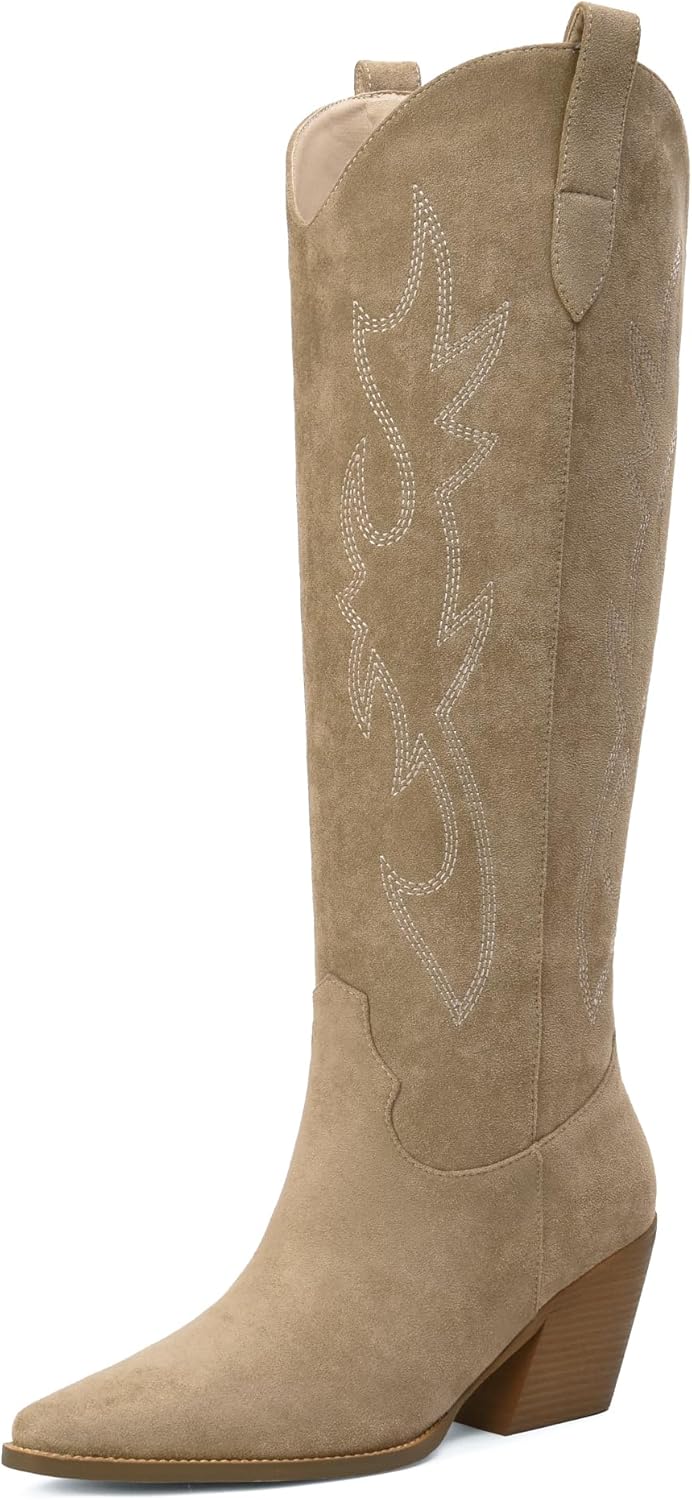iiimmu Cowgirl Boots Women Knee High Stylish Block Heel Boots