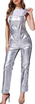 Bib Overalls for Women Silver Metallic Jumpsuit - Shiny Party