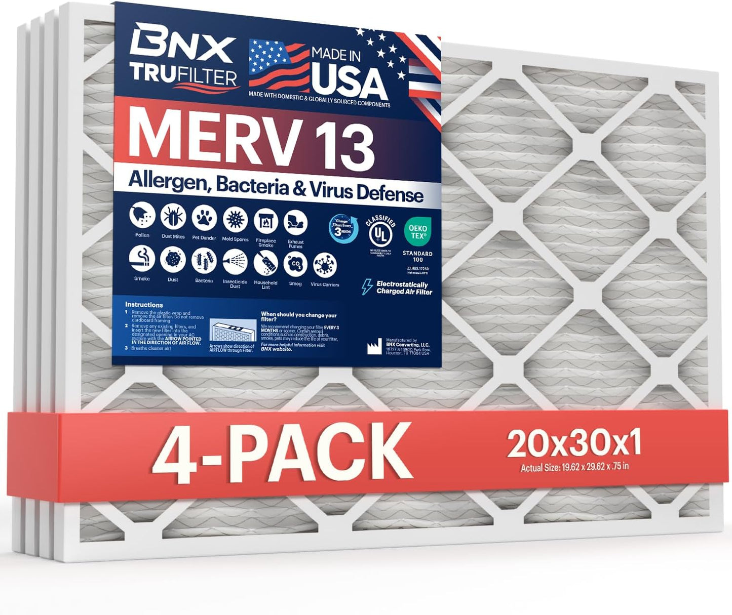 BNX TruFilter 20x30x1 MERV 13 Air Filters for Allergies