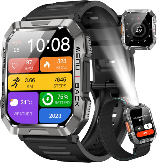 Blackview Military Smartwatch: Make Calls/Flashlight/2 Straps