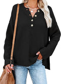 Waffle Knit V Neck Sweater Henley - Cozy Casual Pullover